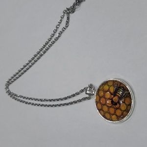 Vintage Bee Cabochon Tibetan silver Glass Chain Pendant Necklace